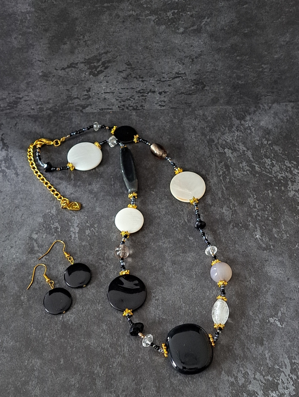 Vintage You & I  Black and White Beaded Necklace & Earring Set